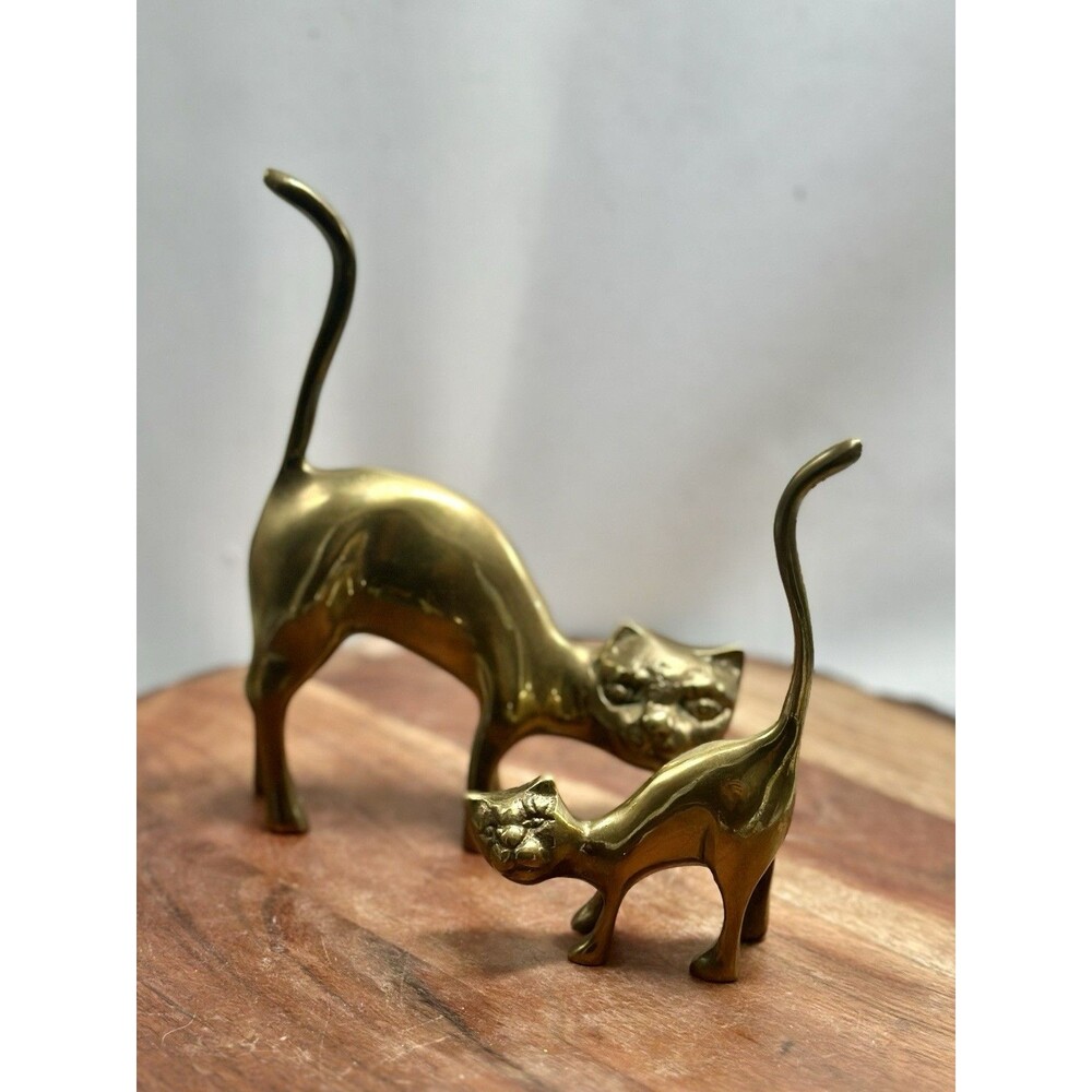 MCM Kitten Long Tail Cat Figurines Solid Brass Ring Holders Shelf Sitters